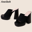 Aneikeh Sexy Knitted Woolen Chunky Platform Sandal Heels Women's Peep Toe High Heel Summer Nude Party Dress Mules Sandals Shoes