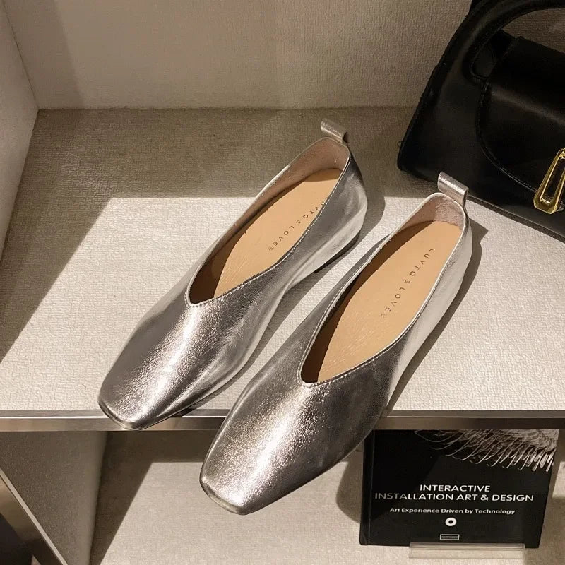 Women's Loafers Genuine Leather Luxury Shoes Sss Grade Silver Heels Gold Pumps Square Toe Elegant Mary Janes Shoes For Women