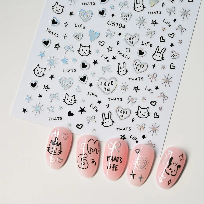 Laser Silver 3D Kawaii Cute Cat Nail Stickers Holographic Cartoon Puppy Dog Graffiti Design Sliders Decals Manicure Decoration
