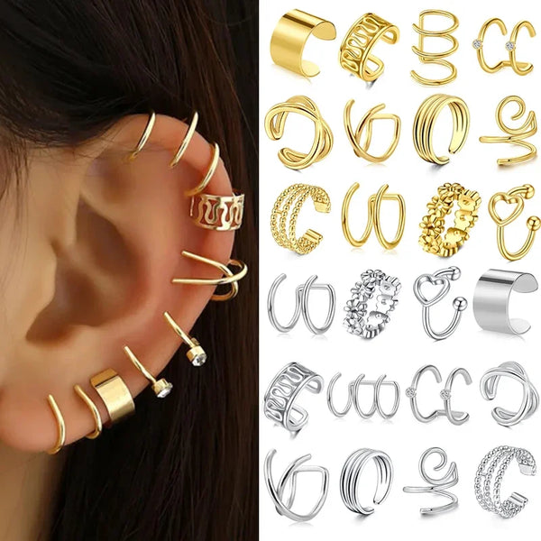3Pcs Vintage C Ear Cuff  Gold Silver Color Ear Clip Earrings Set Crystal Non Piercing Ear Cuff Women Hollow Trendy Jewelry Gift