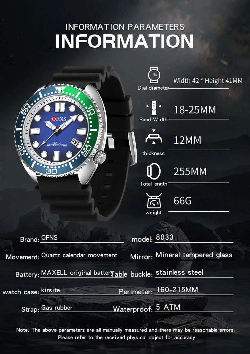 OFNS New Style Fashion 8033 Men's Quartz Watch Simple Fashion Waterproof Calendar Watch Casual Silicone Strap Watch Wristwatch