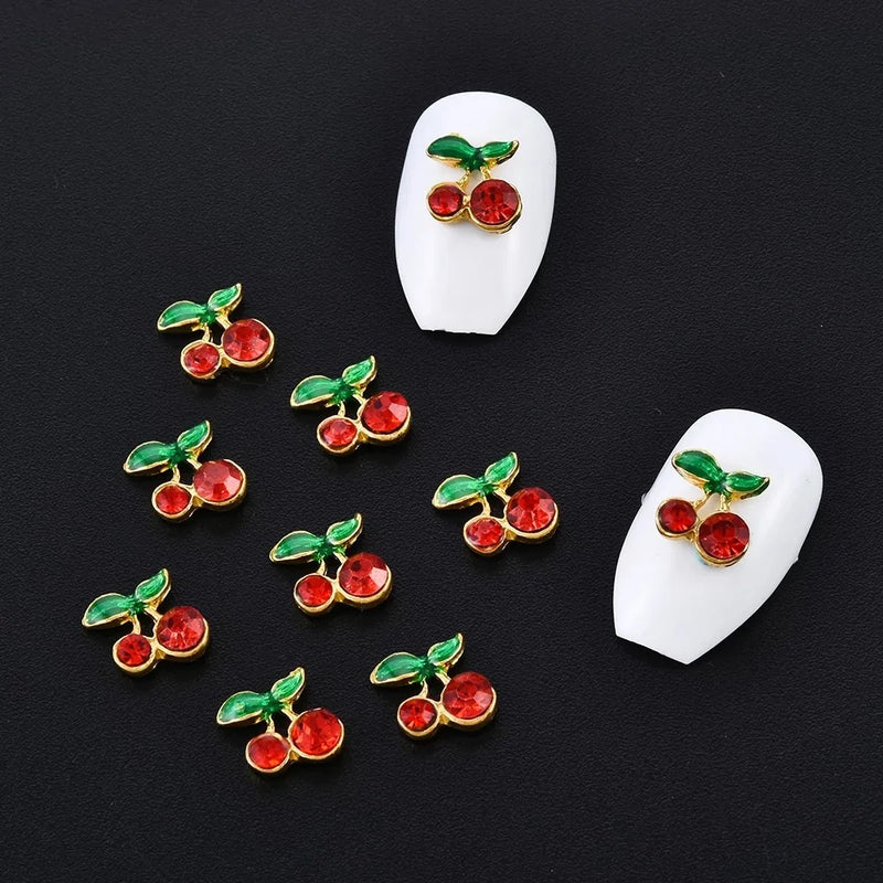 10PCS Alloy 3D Nail Art Cherry Charms Rhinestone Fruit Nails Decoration Supplies Jewelry Accessories Parts Manicure Materails