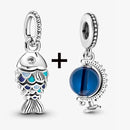 2Pcs/Lot Crystal Blue Scaled Fish Bead With Pendant Fit DIY Brand Charm Bracelet  For Women's Summer Jewelry To Making Gift