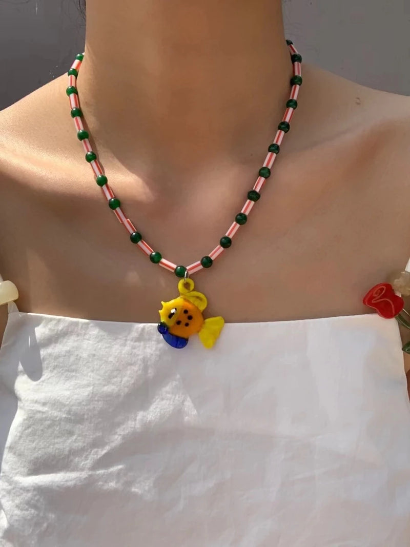 2022 Bohemian Simple Retro Little Yellow Duck Seven Star Ladybug Pearl Necklace Colorful Beaded Women Girls Party Jewelry