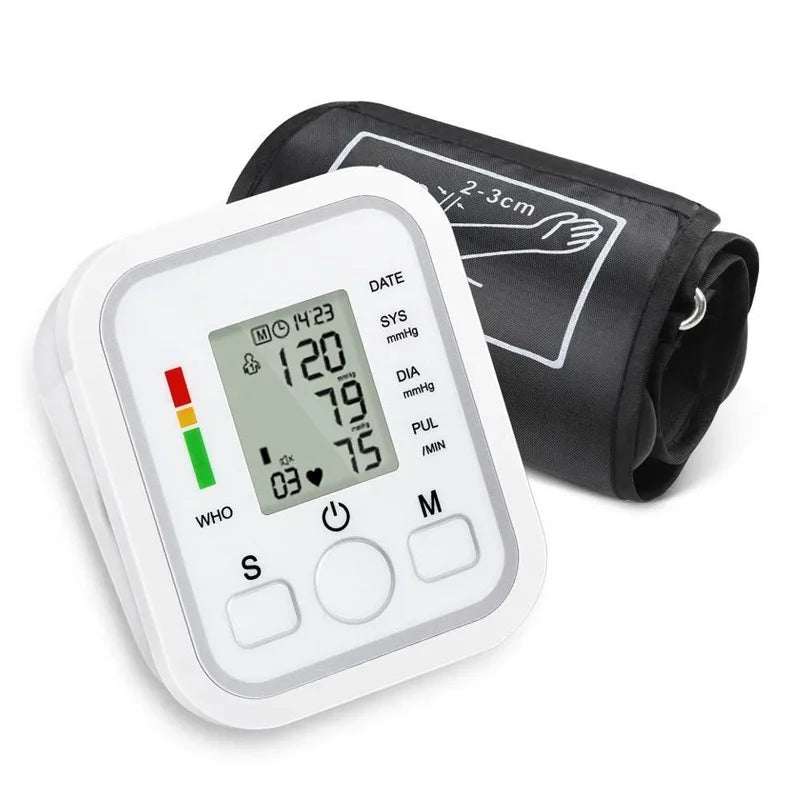 Monitor digital con sensor de presión arterial para brazo, tensiómetro, tonómetro automático, medidor de frecuencia cardíaca y pulso.