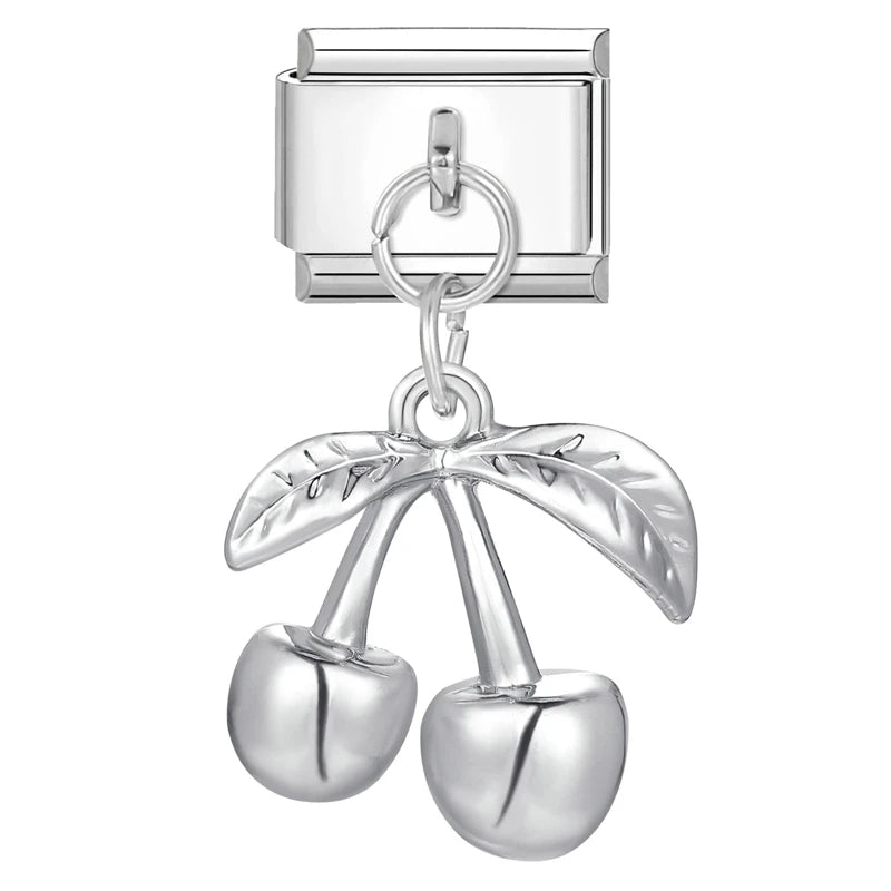 Sweet Red Cherry Bow Knot Heart Pendant Cherry Italian Charm Links Fit 9mm Stainless Steel Bracelet Women Jewelry DIY Making