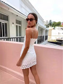 2024 New Summer Sexy Vestidos Spaghetti Strap Lace Hollow Midi Party Dress For Women White Backless Elegant Dresses Vestido