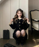 Korean Black Velvet Dresses for Women Single Breasted Long Sleeve Evening Party Dress Autumn Y2K Fashion A-line Vestido Mujer