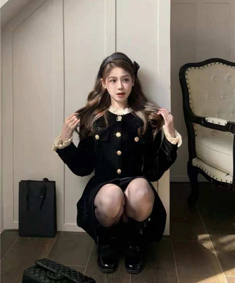 Korean Black Velvet Dresses for Women Single Breasted Long Sleeve Evening Party Dress Autumn Y2K Fashion A-line Vestido Mujer