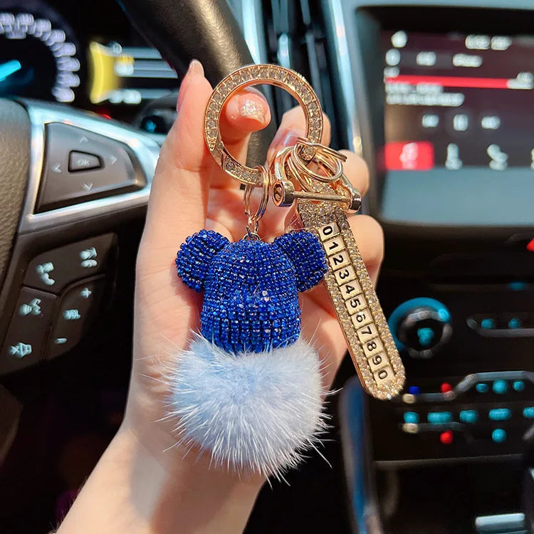 Luxury Handmade Craft Bear Keychain Mink Hair Anti-lost Number Plate Rhinestones Key Chain Lady Charm Bag Car Key Chain Gift