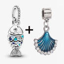 2Pcs/Lot Crystal Blue Scaled Fish Bead With Pendant Fit DIY Brand Charm Bracelet  For Women's Summer Jewelry To Making Gift