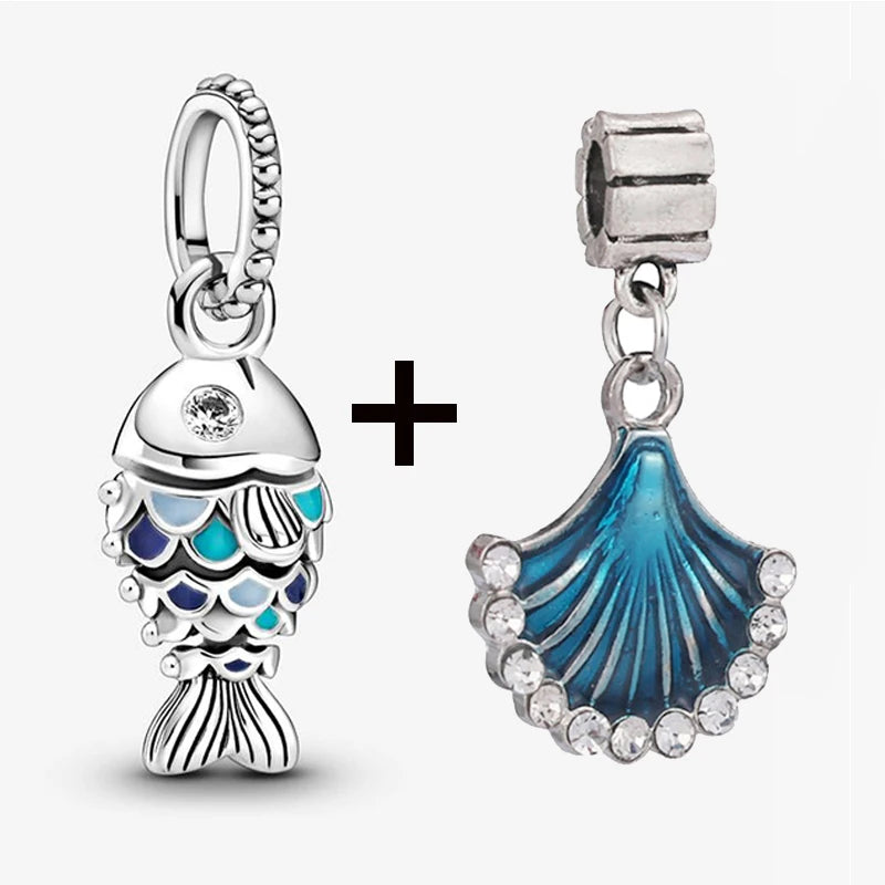 2Pcs/Lot Crystal Blue Scaled Fish Bead With Pendant Fit DIY Brand Charm Bracelet  For Women's Summer Jewelry To Making Gift