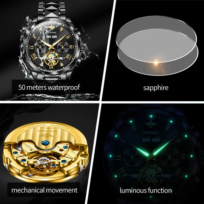 OUPINKE 3240 Automatic Watches Men 44mm Large Dial Tungsten Steel Strap Skeleton Flywheel Mechanical Watch for Men Luxury Watch
