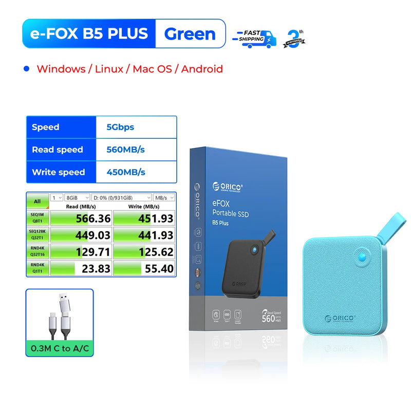 ORICO Portable External Solid State Drive External Hard Drive USB 3.2 Gen2 SSD for iPhone 15/Pro Windows Mac Lightweight