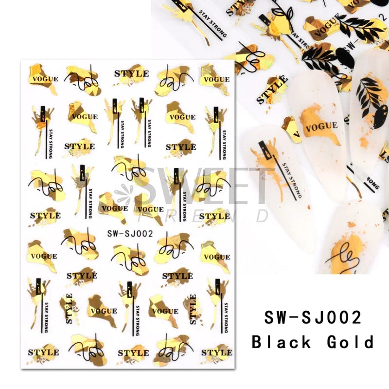 3D Snake Laser Stickers for Manicure Black Gold Abstract Leaves Luxury Nail Art Adhesive Slider Polish Decor Decals SASW-SJ