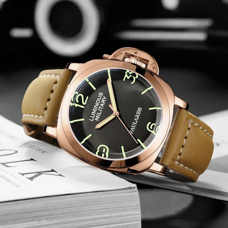 Automatic Watches for Men Mechanical Genuine Brown Leather Yellow Green Military 44mm Luxury Rose Gold Reloj Hombre Baratos