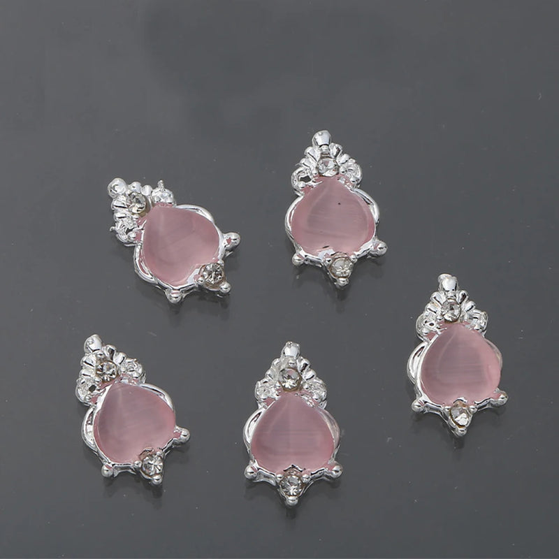 10Pcs Pink Metal Gem Zircon Nail Art Charm 3D Luxurious Heart Ribbon Cross Starlight Nail Decoration DIY Zircon Nail Accessories