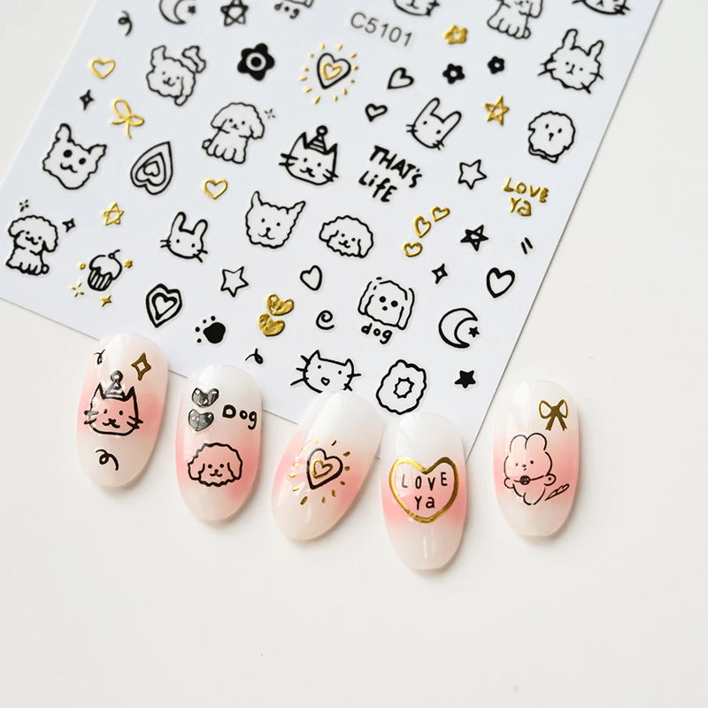 Laser Silver 3D Kawaii Cute Cat Nail Stickers Holographic Cartoon Puppy Dog Graffiti Design Sliders Decals Manicure Decoration