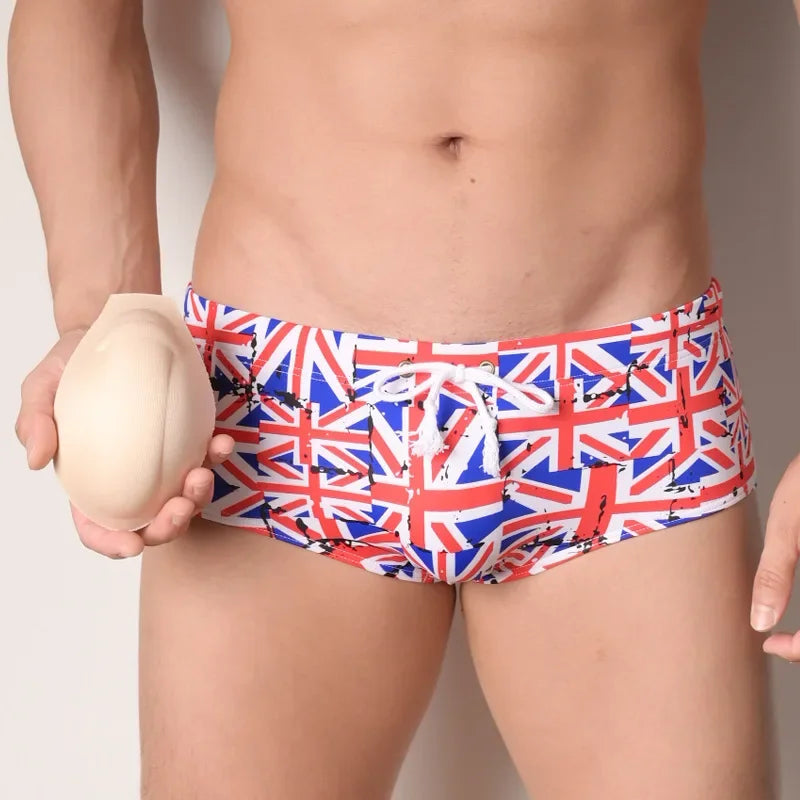 Men's Fashionable Swim Trunk Cartoon Printed Cup Stand Up Tie Up Hot Spring Beach Board Shorts Elastic Sprotswear Swimming Pants