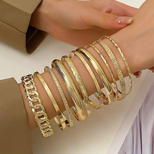 10 Pcs Glossy Geometric Hollowed Bracelets Set For Women Bohemian Gold Color Silver Color Wide Sided Bangle Temperament Jewelry