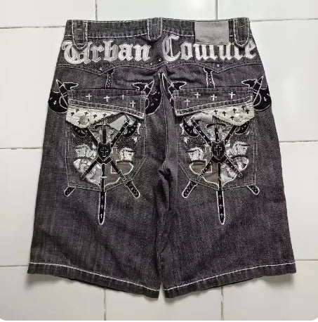 Y2K Retro Shorts Harajuku Hip-hop Print Loose Denim Shorts New Gothic Basketball Shorts for Men and Women in Summer Street Wear
