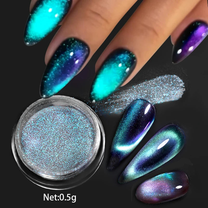 Reflective Magnetic Nail Powder Black Blue Chameleon Glitter Dust Metallic Chrome Shiny Pigment Nail Art Manicure Decoration DIY
