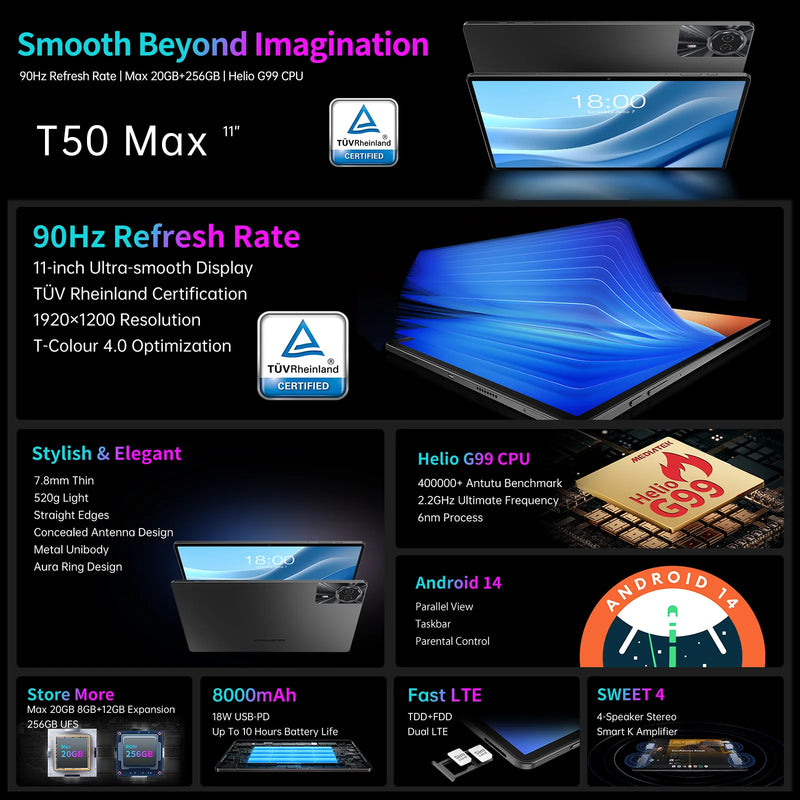 Teclast T50Max Android 14 Tablet 11 90Hz Refresh Rate Max 20GB RAM 256GB ROM Helio G99 CPU 8000mAh 18W Fast Charging 4G LTE GPS