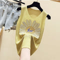Hot Rhinestone Bright Silk Sleeveless Vest Women's Spring/Summer New Style V-neck Loose All-match Sling Knitted  Top T-shirt