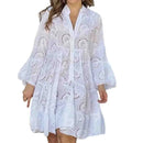 New Elegant V-neck Loose  Embroidery Party Dress Fashion Hollow Solid Lace Dress Women Sexy Ladies Dresses Casual Vestidos 27725