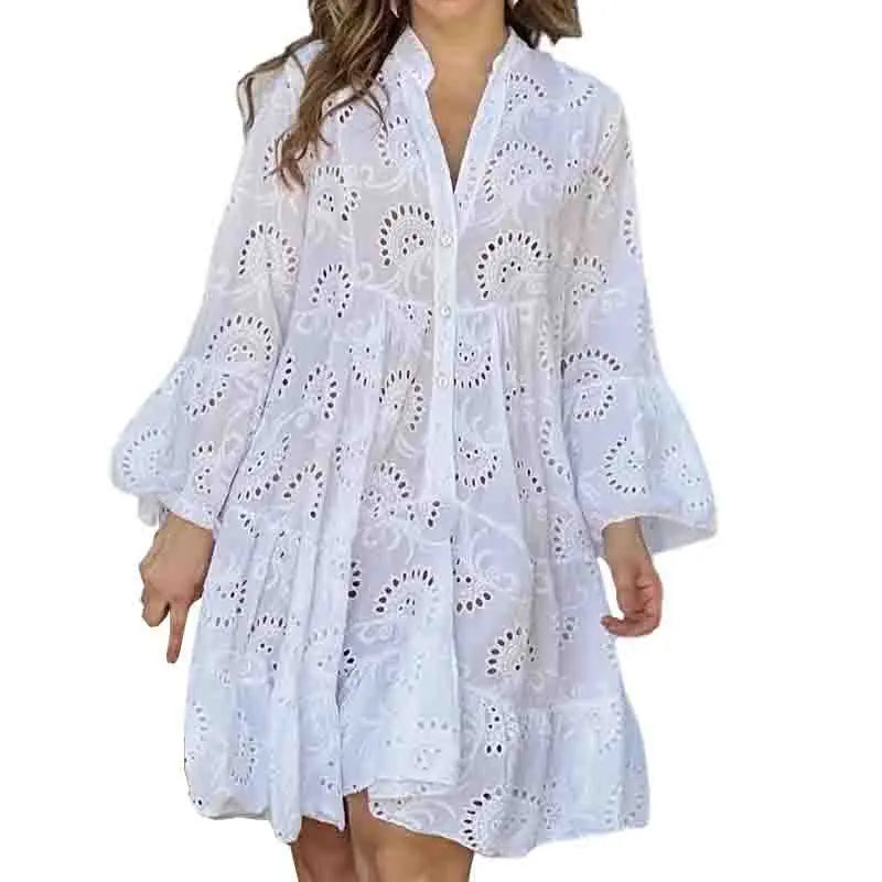 New Elegant V-neck Loose  Embroidery Party Dress Fashion Hollow Solid Lace Dress Women Sexy Ladies Dresses Casual Vestidos 27725