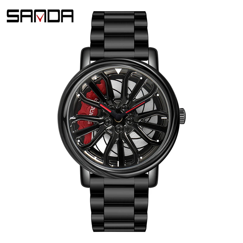 Hot Sell Fashion Men Quartz WristWatch Creative 360 Degree Rotating Car Wheel Quartz Watch Leather Waterproof Rim Hub Clock Men
