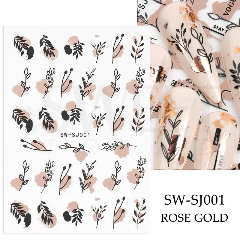3D Snake Laser Stickers for Manicure Black Gold Abstract Leaves Luxury Nail Art Adhesive Slider Polish Decor Decals SASW-SJ