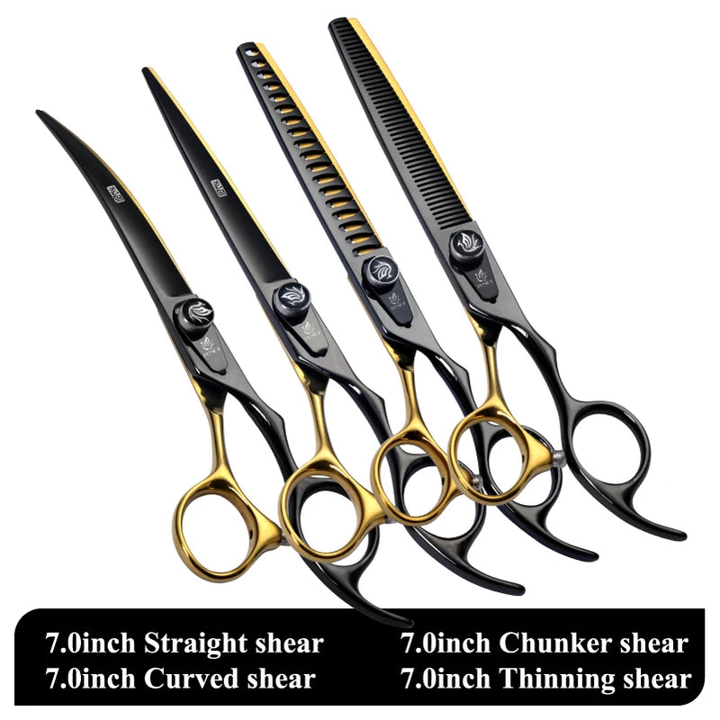 Fenice Pet Professional Dog Grooming Scissors Cutting Curved Thinning Shear Set Japan 440C Scissor Kit for Animal Beauticians