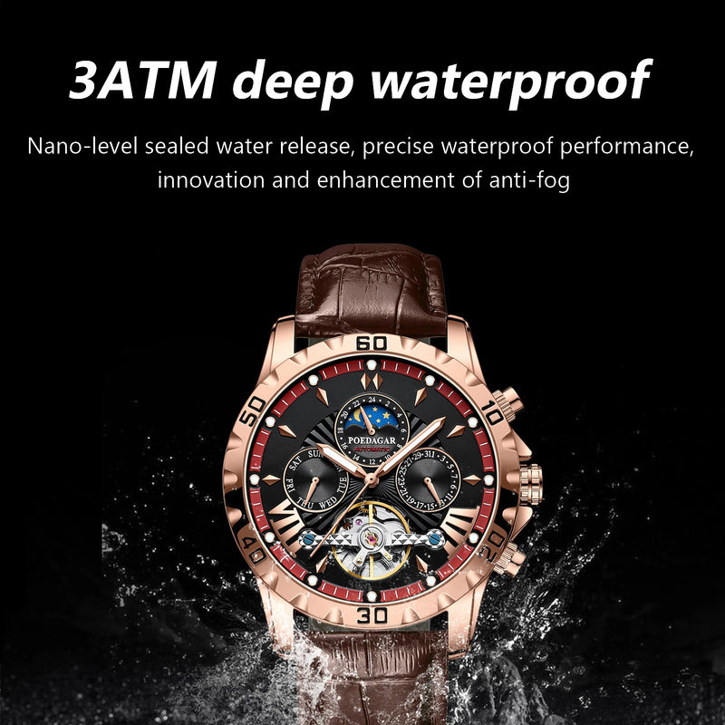 POEDAGAR Tourbillon Automatic Mechanical Wristwatch Waterproof Luminous Date Week Leather Men Watch Luxury Fashion Men's Watches