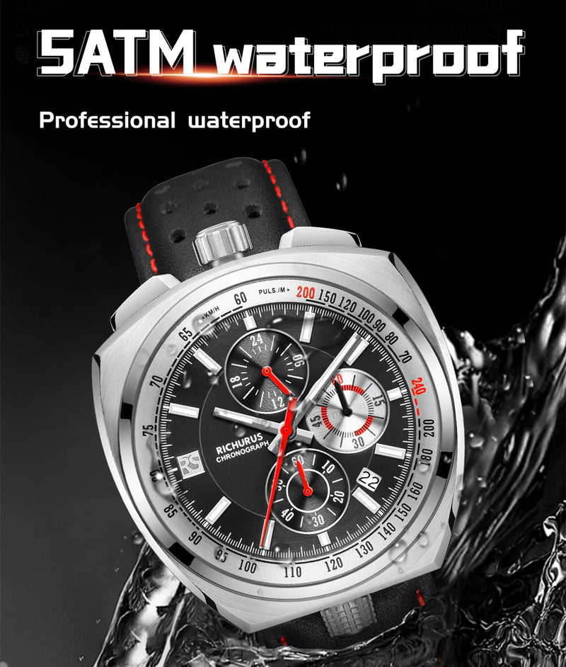 New Luxury Men Watches Multi-functional Sports Chronograph Stainless Steel Case 5ATM Waterproof Quartz Wristwatch Montre Homme