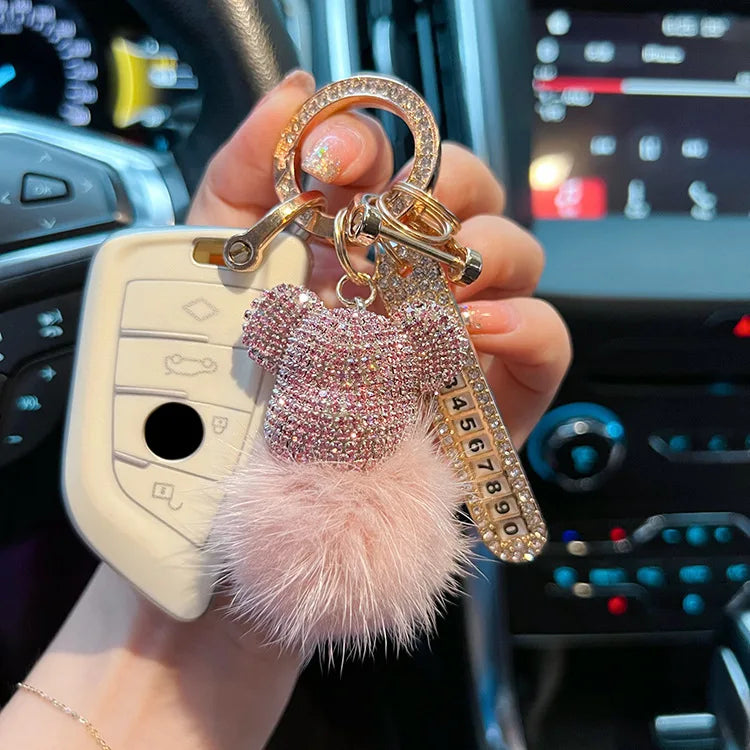 Luxury Handmade Craft Bear Keychain Mink Hair Anti-lost Number Plate Rhinestones Key Chain Lady Charm Bag Car Key Chain Gift