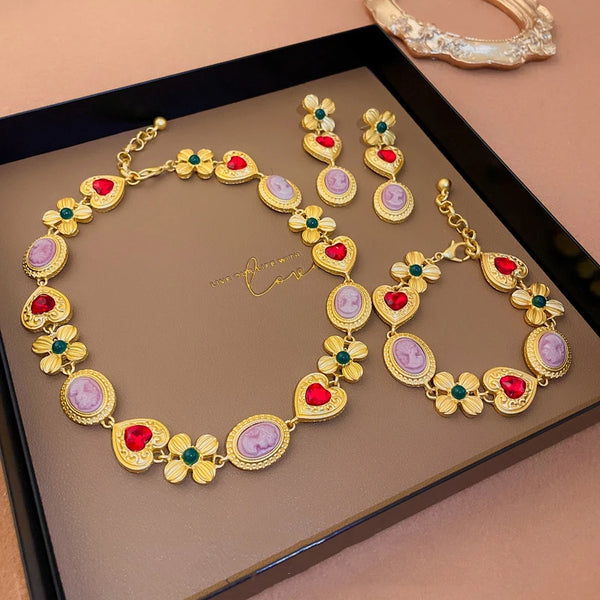 Women Exquisite Vintage Palace Rhinestone Heart Necklace Bracelet Retro Baroque Lady Party Banquet Jewelry Accessories Gift