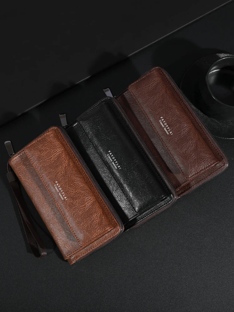 Men's PU Zipper Handbag Large Capacity Long Wallet Clutch Bag Phone Bag Multi Card Card Holder Coin Purse Wallet Double Layer