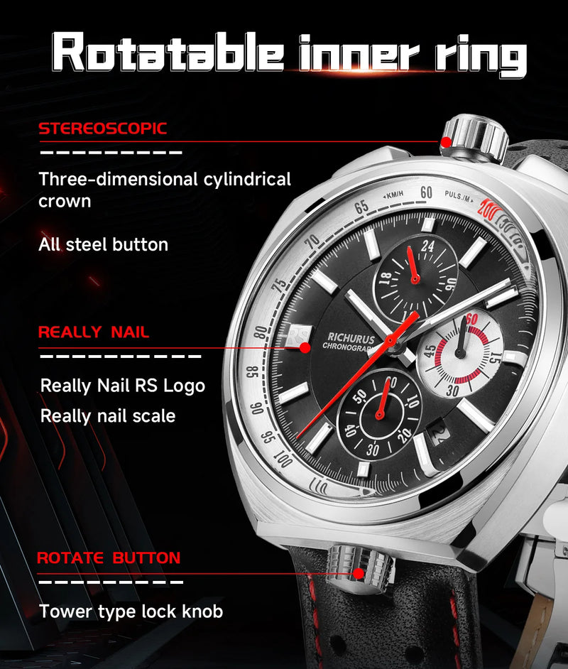 New Luxury Men Watches Multi-functional Sports Chronograph Stainless Steel Case 5ATM Waterproof Quartz Wristwatch Montre Homme