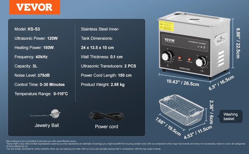VEVOR Ultrasonic Cleaner with Heater Timer 2/3/6/10/15/30L for Lab Tools Metal Parts Carburetor Brass Auto Parts Engine Parts
