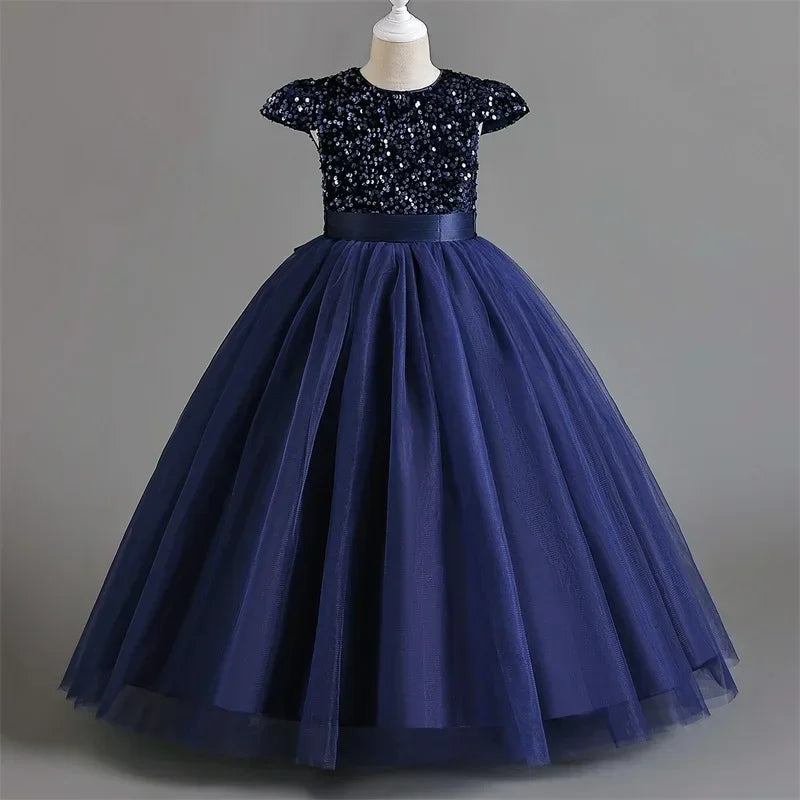 Puffy Girls Party Dress Elegant Kids Wedding Gala Prom Gown Sequin Bow Children Birthday Princess Dress For Girl Clothes 5-14Yrs