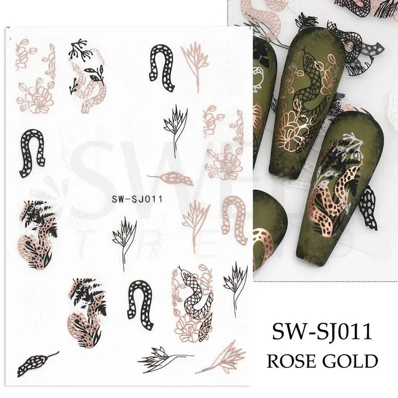 3D Snake Laser Stickers for Manicure Black Gold Abstract Leaves Luxury Nail Art Adhesive Slider Polish Decor Decals SASW-SJ