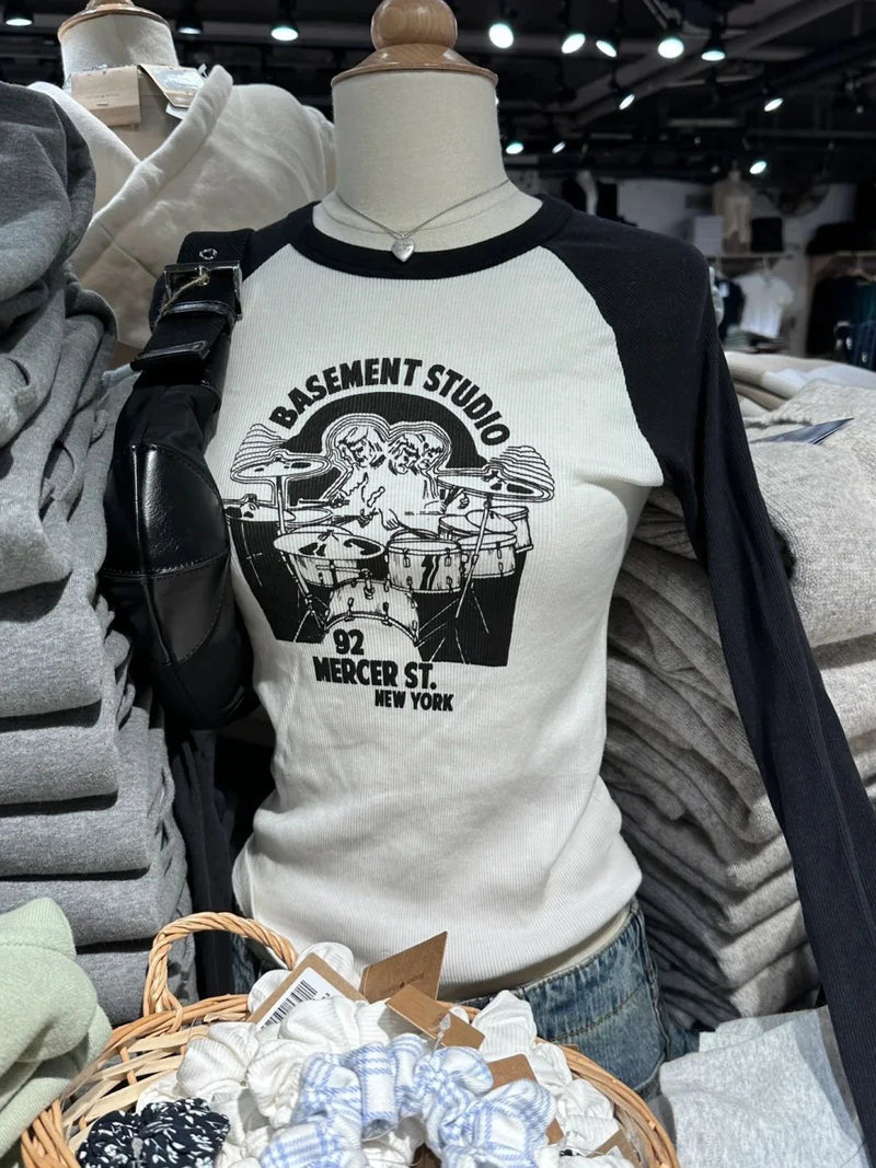 American Vintage 14 Print Long Sleeve Slim T-Shirt Woman Summer O-Neck Casual Tshirt Top Sweet Cute Streetwear Y2k Tees Tops