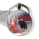 Bullfighting Spanish Bullfight Pattern 25mm Glass Cabohcon Keychain Key Rings for Women Men Jewelry Gift