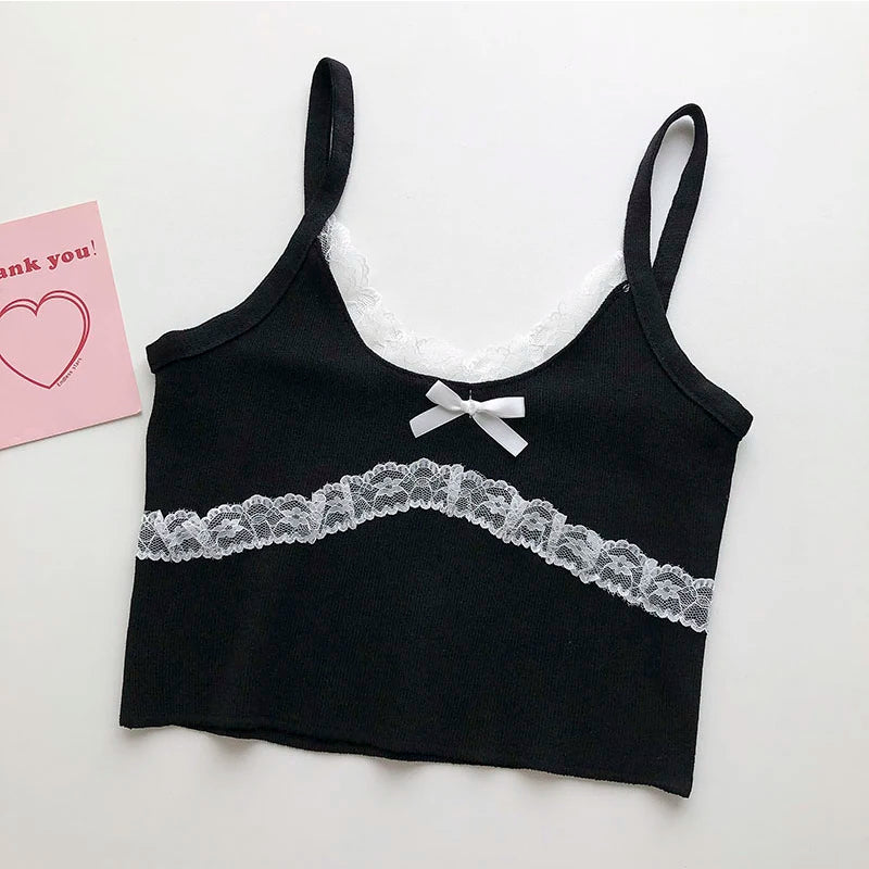 HELIAR Women Lace Bowknot Tops Female Plain Straps Tank Tops Streetwear Camisole Cute Crop Tops For Women 2023 Summer