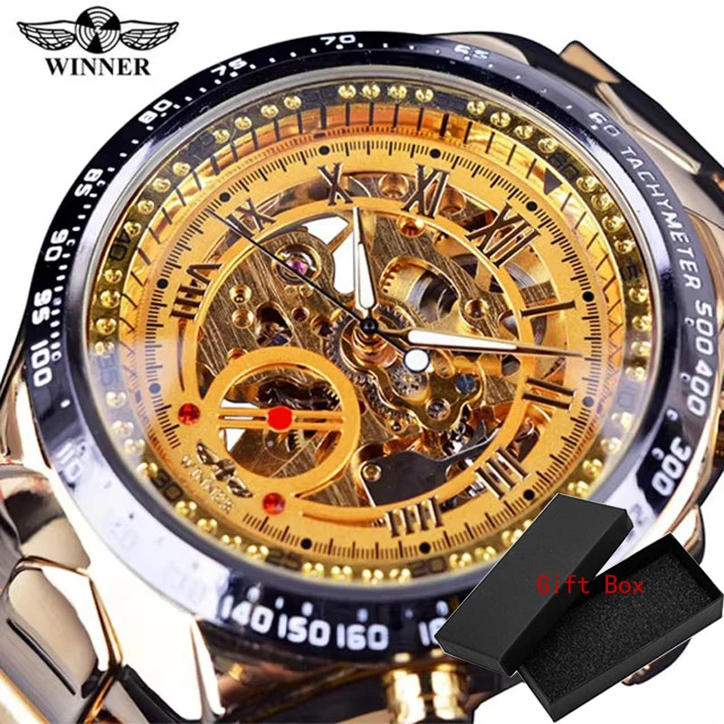 Winner Classic Series Golden Movement Steel Mens Skeleton Man Wrist Watch Mechanical Top Brand Luxury Fashion Automatic Watches
