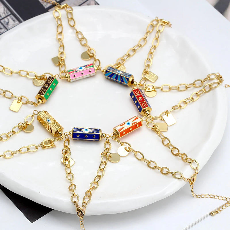 Lucky Eye Cuban Link Chain Evil Eye Charm Enamel Bracelet Adjustable Round Pendant Bracelet for Women Girls Men Jewelry BT338