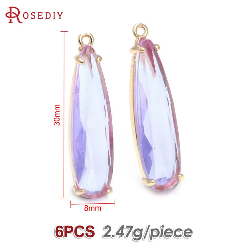6PCS 8x30MM High Quality Champagne Gold Color Brass and Glass Long Drop Shape Charms Pendants Jewelry Making Diy Accessories