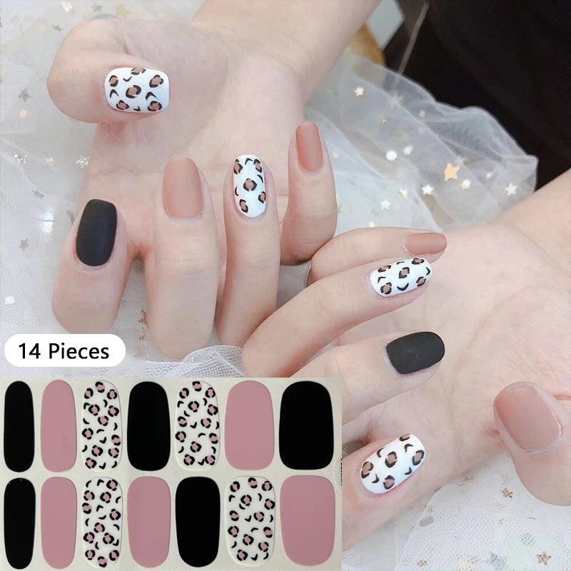 New 16 Strips Autumn Nail Stickers Full Cover Nail Patch Leopard Print 3D Nail Stickers Nail Polish Strips DIY Nail Art Making
