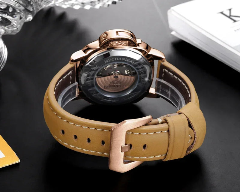 Automatic Watches for Men Mechanical Genuine Brown Leather Yellow Green Military 44mm Luxury Rose Gold Reloj Hombre Baratos